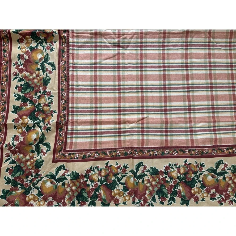 April‎ Cornell? Tablecloth Harvest Plaid Apples Tan Red Green Cotton 56x76